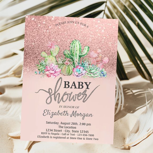 Rose Gold Glitter Bokeh, Cactus Baby Shower  Invitation (Creator Uploaded)