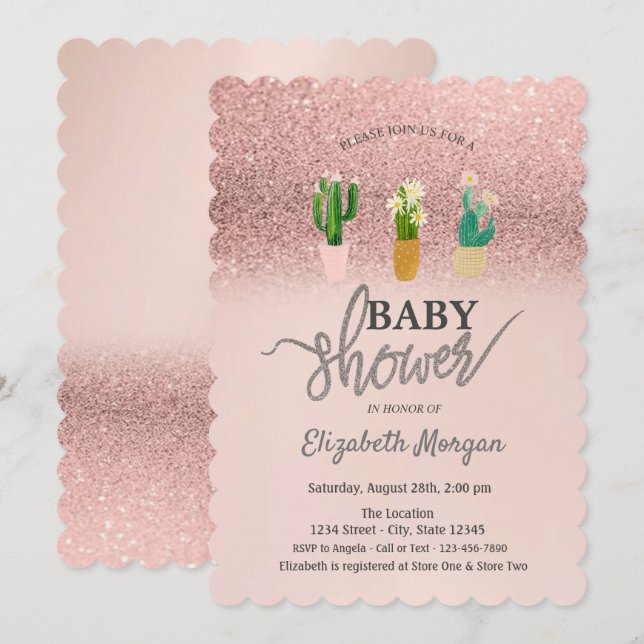 Rose Gold Glitter Bokeh,Cactus Plants Baby Shower  Invitation (Front/Back)