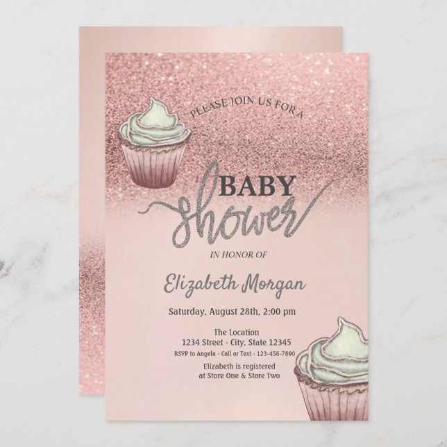 Rose Gold Glitter Bokeh Cupcakes Invitation (Front/Back)