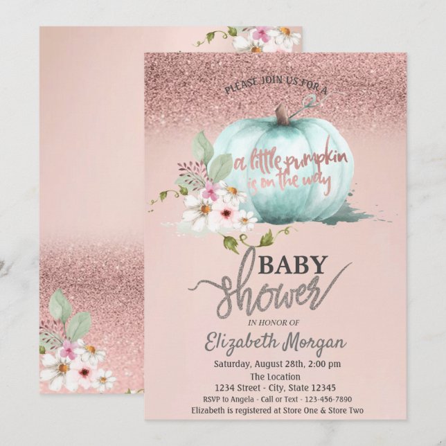 Rose Gold Glitter Bokeh,Flower Pumpkin Baby Shower Invitation (Front/Back)