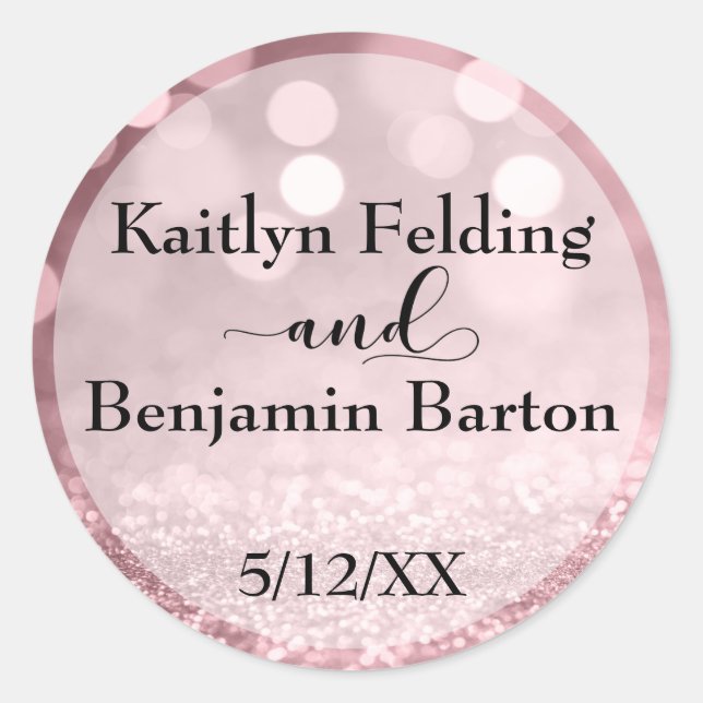 Rose Gold Glitter Bokeh Names & Wedding Date Classic Round Sticker (Front)
