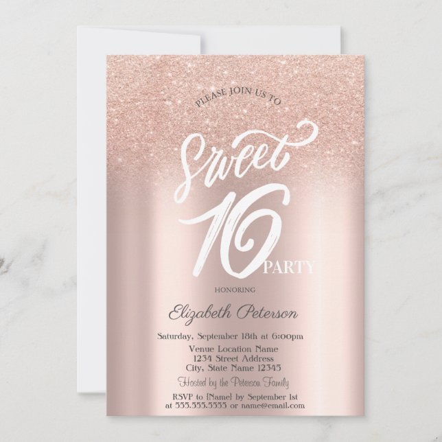 Rose Gold Glitter Bokeh Ombre Sweet 16 Invitation (Front)