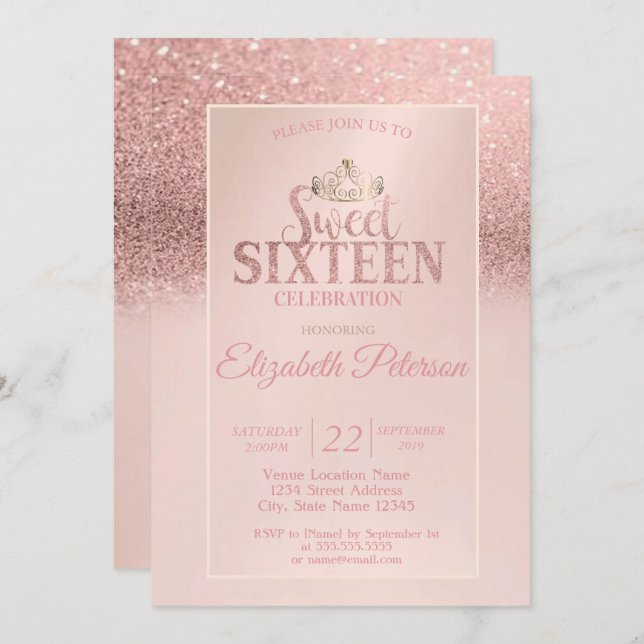 Rose Gold Glitter Bokeh Ombre,Tiara Sweet 16 Party Invitation (Front/Back)