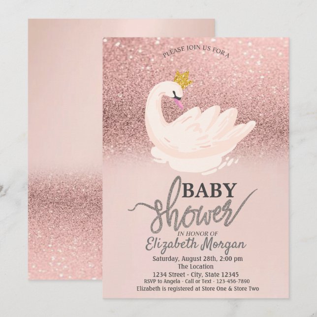 Rose Gold Glitter Bokeh,Swan Baby Shower  Invitation (Front/Back)