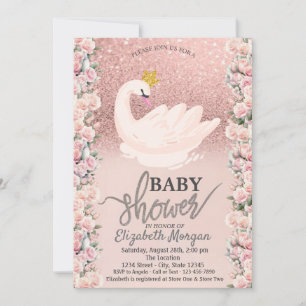 Rose Gold Glitter Bokeh,Swan Roses Baby Shower  Invitation