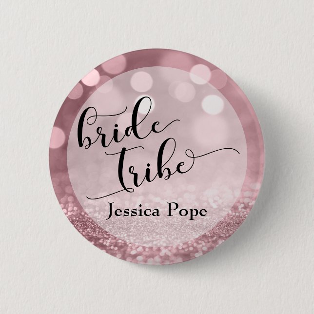 Rose Gold Glitter Bokeh Typography Bride Tribe 6 Cm Round Badge (Front)