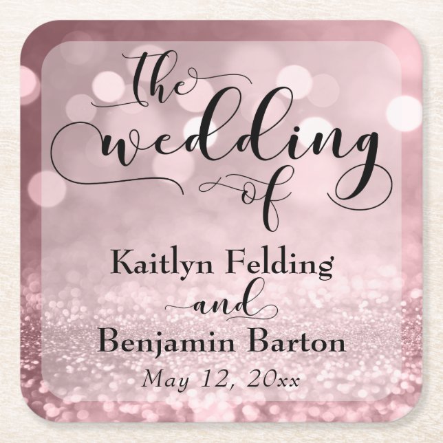 Rose Gold Glitter Bokeh & Typography Commemorative Square Paper Coaster (Front)