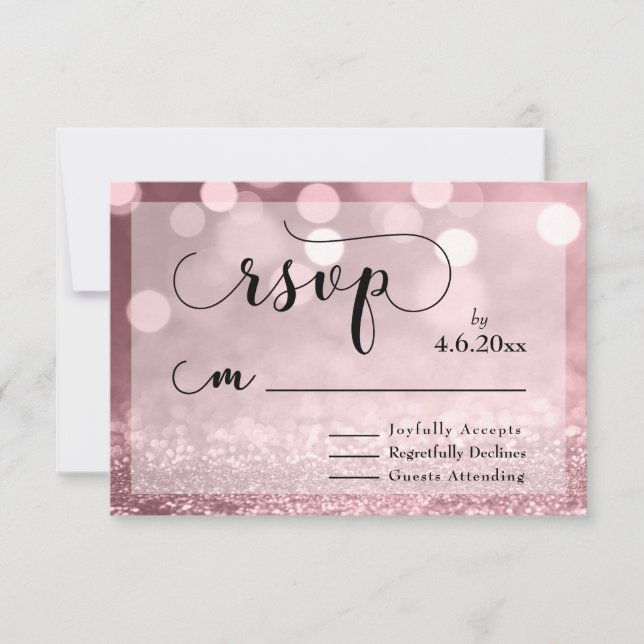 Rose Gold Glitter Bokeh & Typography RSVP Card (Front)