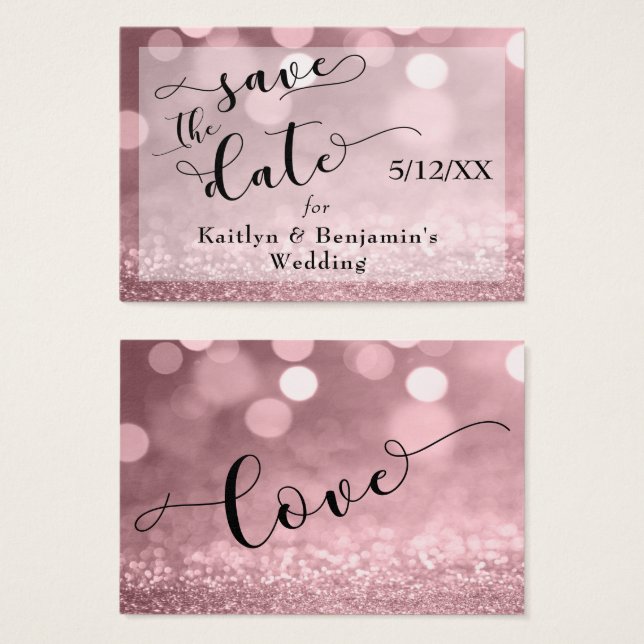 Rose Gold Glitter Bokeh & Typography Save the Date (Front & Back)