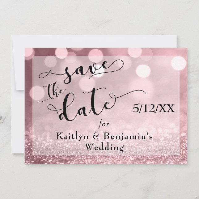 Rose Gold Glitter Bokeh & Typography Save the Date (Front)