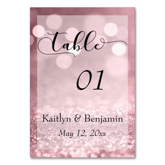 Rose Gold Glitter Bokeh & Typography Table Number (Front)