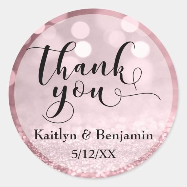 Rose Gold Glitter Bokeh & Typography Thank You Classic Round Sticker (Front)