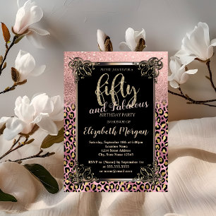 Rose Gold Glitter Border Leopard 50th Birthday  Invitation