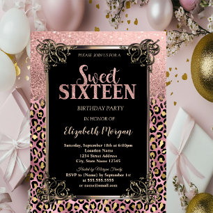 Rose Gold Glitter Border Leopard Sweet 16 Invitation