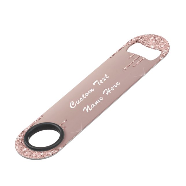Rose Gold Glitter Bottle Opener with Custom Text (Back Angled)