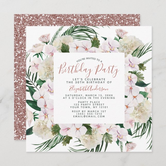 Rose Gold Glitter Bouquet Birthday Party Invitation (Front/Back)