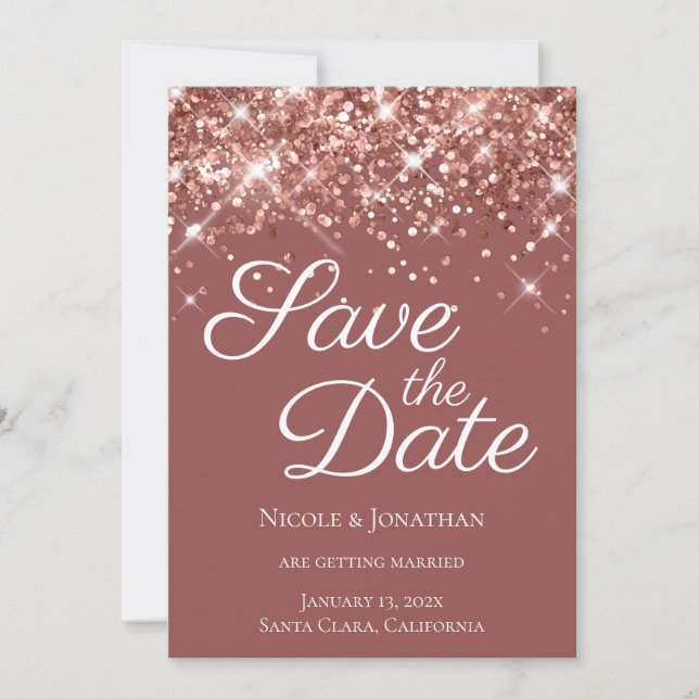 Rose Gold Glitter Brick Elegant Calligraphy Save The Date (Front)