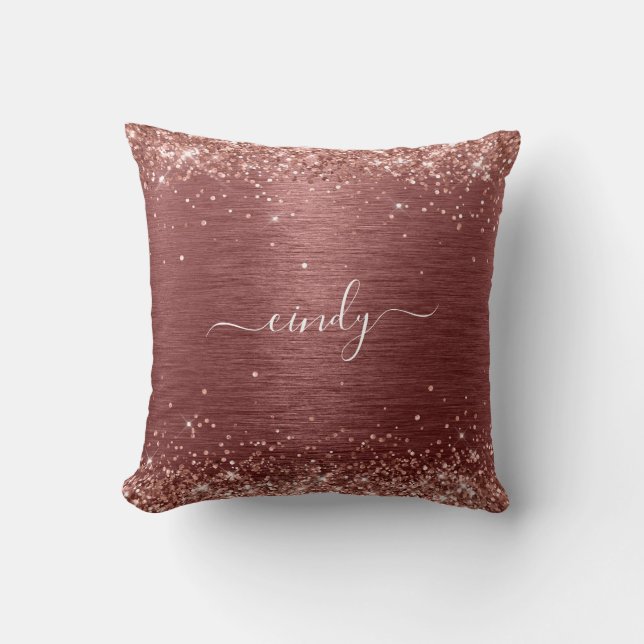 Rose Gold Glitter Brick Red Brushed Metal Name Cushion (Front)