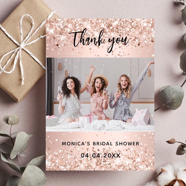 Rose gold glitter bridal shower photo thank you card (Creator Uploaded)