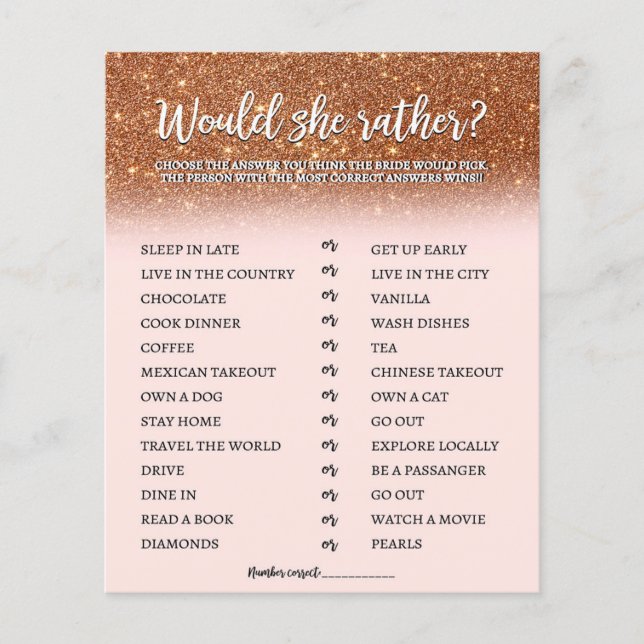 Rose Gold Glitter Bridal Would She Rather Game (Front)