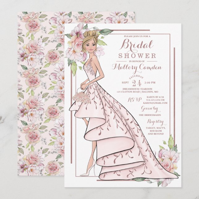 Rose Gold Glitter Bride Bridal Shower Invitation (Front/Back)