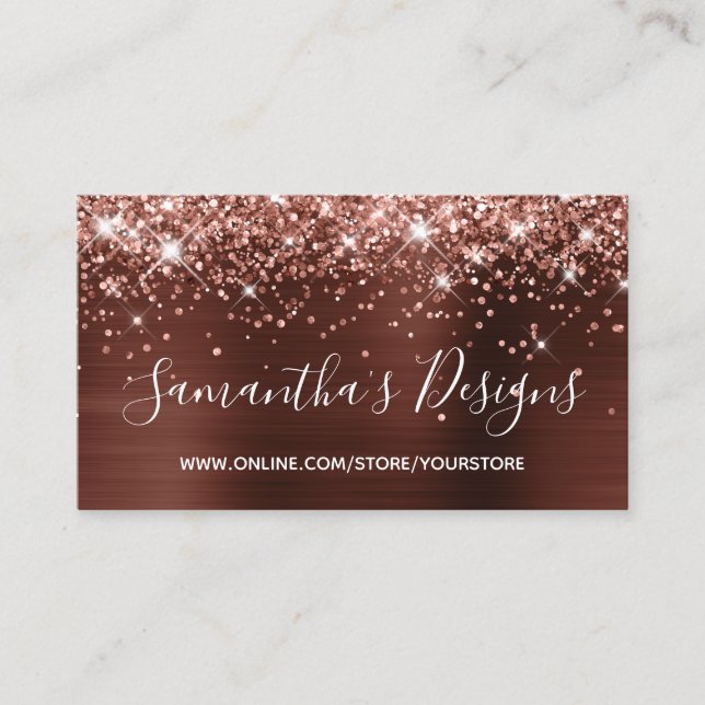 Rose Gold Glitter Brown Foil Online Store Business Card (Front)