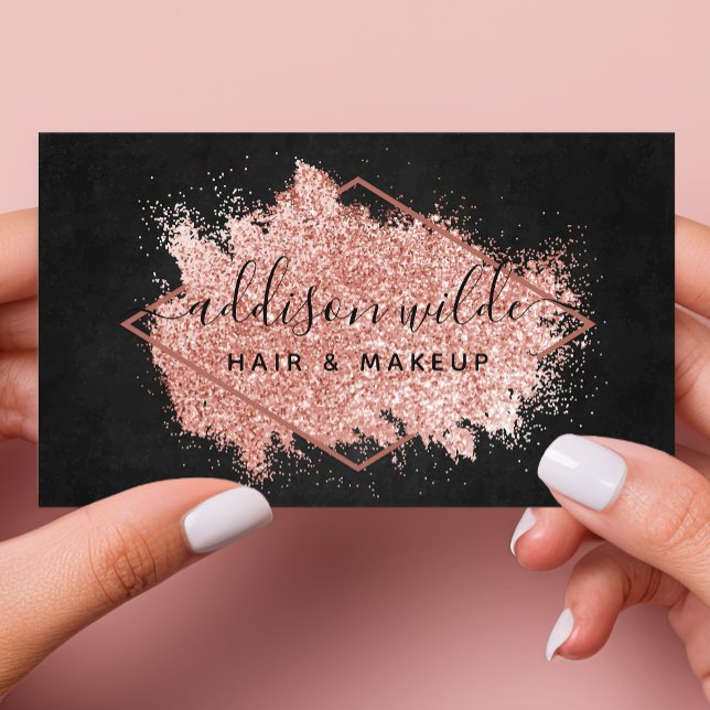 Rose Gold Glitter Brush Stroke Black Geometric Business Card (Creator Uploaded)