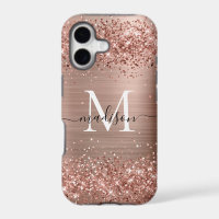 Rose Gold Glitter Brushed Metal Monogram Script