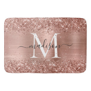 Rose Gold Glitter Brushed Metal Monogram Script Bath Mat