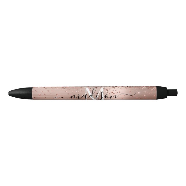 Rose Gold Glitter Brushed Metal Monogram Script Black Ink Pen (Front)