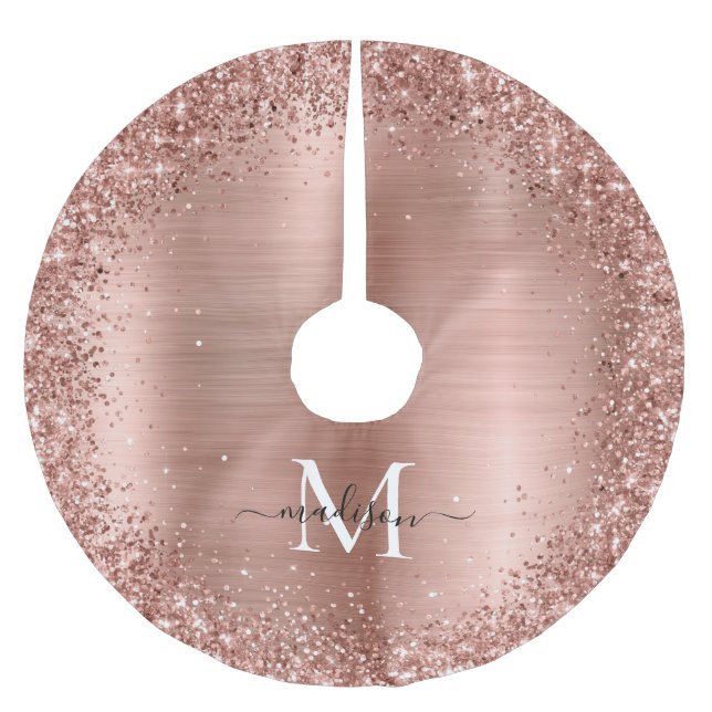 Rose Gold Glitter Brushed Metal Monogram Script Brushed Polyester Tree Skirt (Front)
