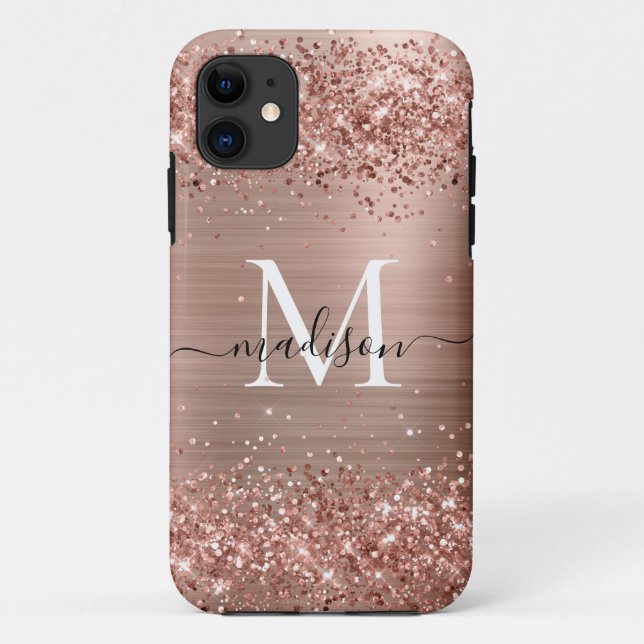 Rose Gold Glitter Brushed Metal Monogram Script Case-Mate iPhone Case (Back)