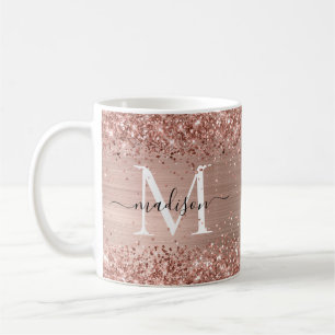 Rose Gold Glitter Brushed Metal Monogram Script Coffee Mug
