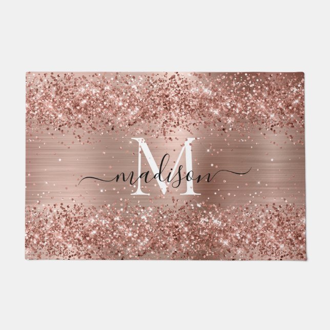 Rose Gold Glitter Brushed Metal Monogram Script Doormat (Front)
