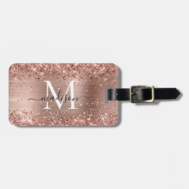 Rose Gold Glitter Brushed Metal Monogram Script Luggage Tag (Front Horizontal)