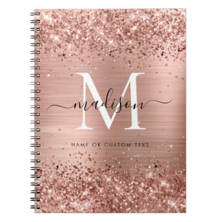 Rose Gold Glitter Brushed Metal Monogram Script Notebook