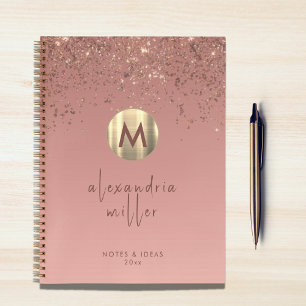 Rose Gold Glitter Brushed Metal Monogram Script Notebook