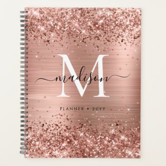 Rose Gold Glitter Brushed Metal Monogram Script Planner