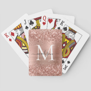 Rose Gold Glitter Brushed Metal Monogram Script Playing Cards