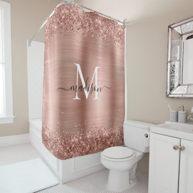 Rose Gold Glitter Brushed Metal Monogram Script Shower Curtain (In Situ)