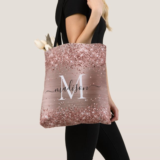 Rose Gold Glitter Brushed Metal Monogram Script Tote Bag (Close Up)