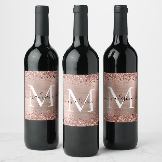 Rose Gold Glitter Brushed Metal Monogram Script Wine Label (Bottles)