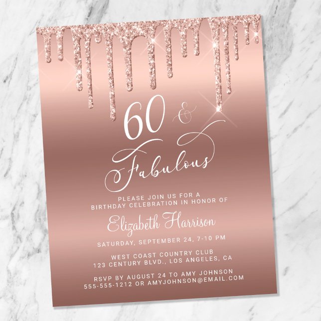 Rose Gold Glitter Budget 60th Birthday Invitation (Creator Uploaded)