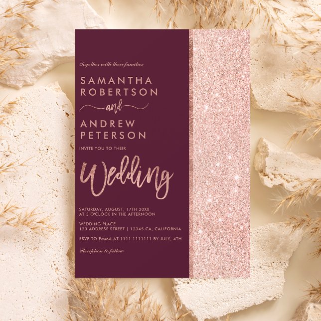 Rose gold glitter burgundy colour block wedding invitation (Creator Uploaded)