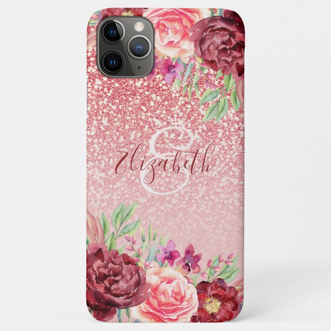 Rose Gold Glitter Burgundy Floral Personalised Case-Mate iPhone Case (Back)