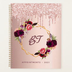 Rose gold glitter burgundy florals monogram 2026 planner