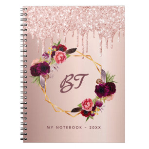 Rose gold glitter burgundy florals monogram chic notebook