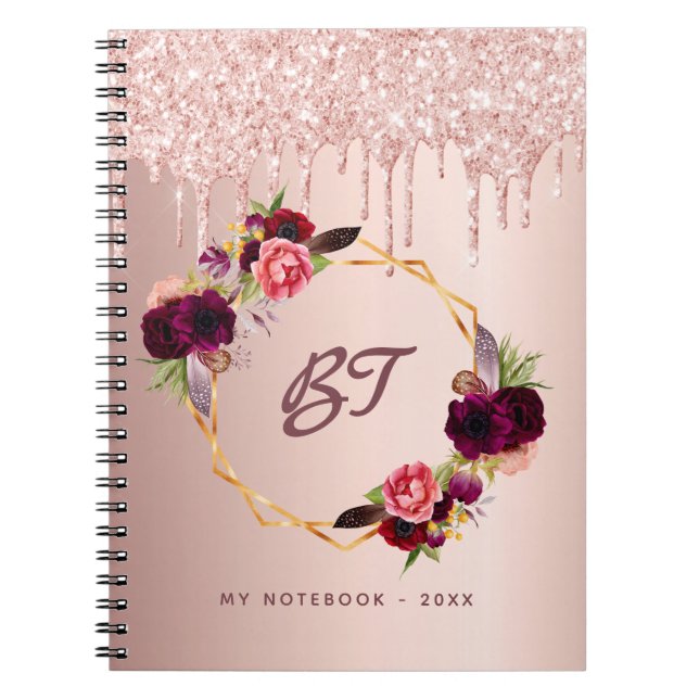 Rose gold glitter burgundy florals monogram chic notebook (Front)