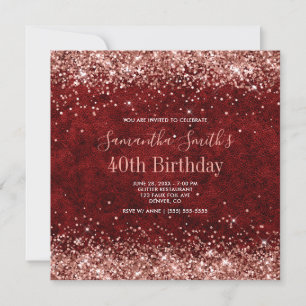 Rose Gold Glitter Burgundy Leather 40th Birthday Invitation
