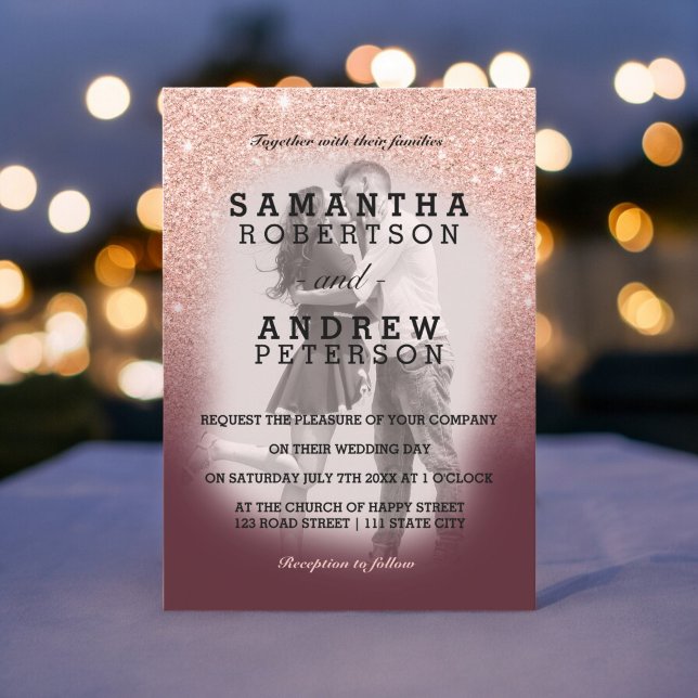 Rose gold  glitter burgundy ombre photo wedding invitation (Rose gold glitter burgundy ombre photo wedding invitation)